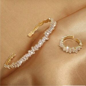 Gold Baguette Crystal Cuff and Ring Set